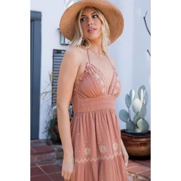 Sandstone Embroidered Floral Smocked Waist Gauze Summer Casual Halter Dress - Picture 7 of 7